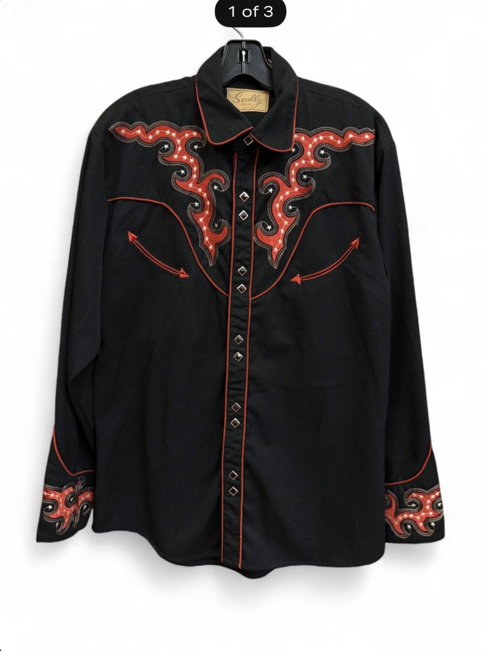 Scully Black Western Shirt with Red Embroidery and Red Piping